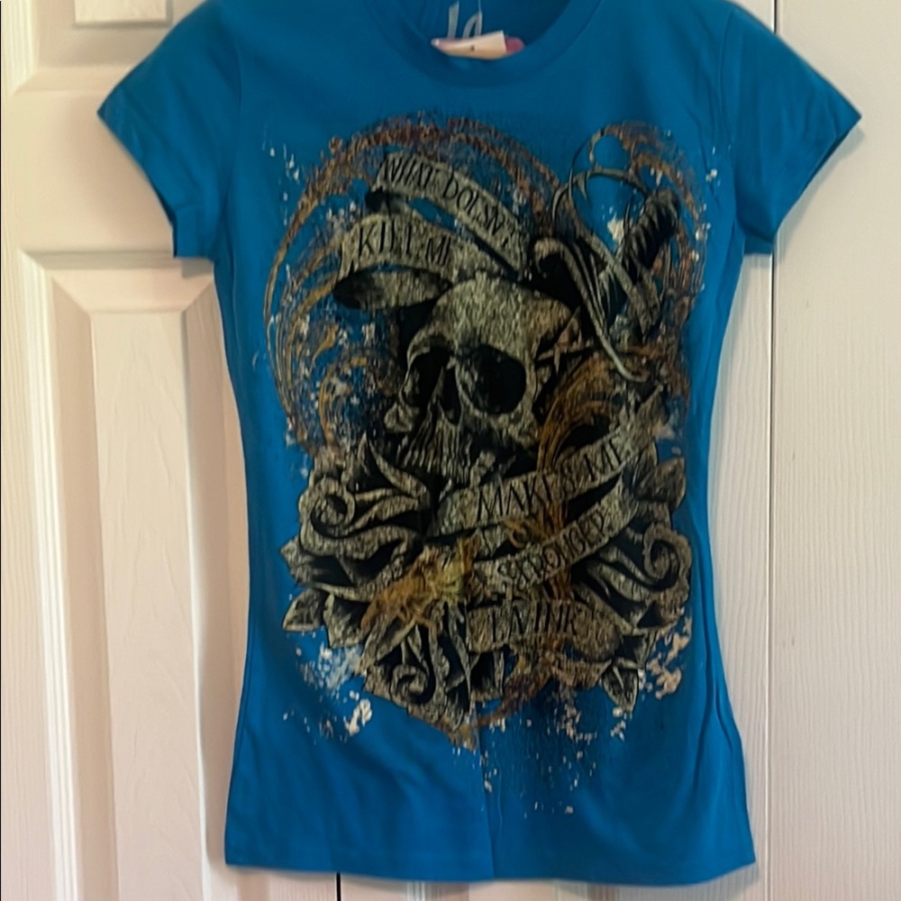 Blue Graphic Short Sleeve Tee with Skull Design